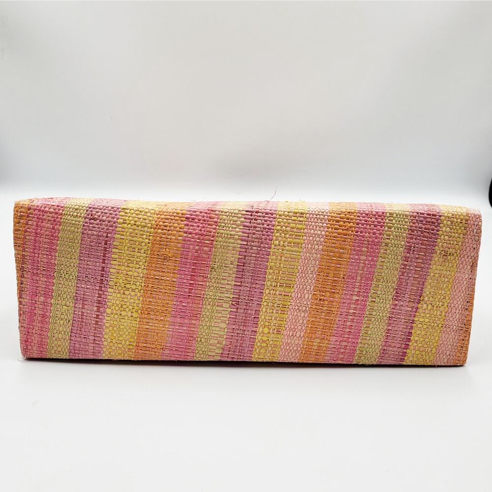 Geometric Rainbow Structured Striped Handbag Tote Bag with Wooden Handles - Picture 5 of 12